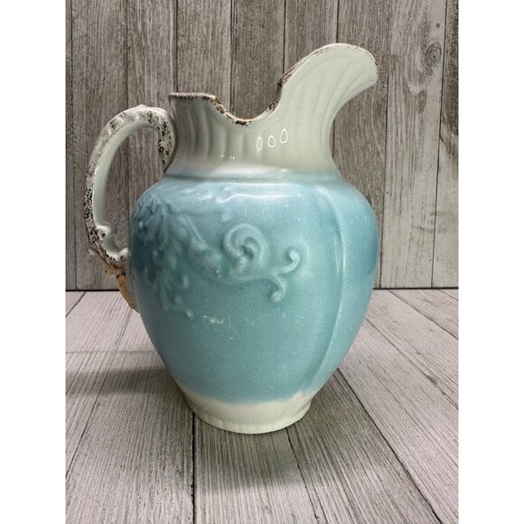 W.H Grindley & Co England Antique Pitcher Porcelain Blue White Gold 7" Tall - Picture 2 of 11